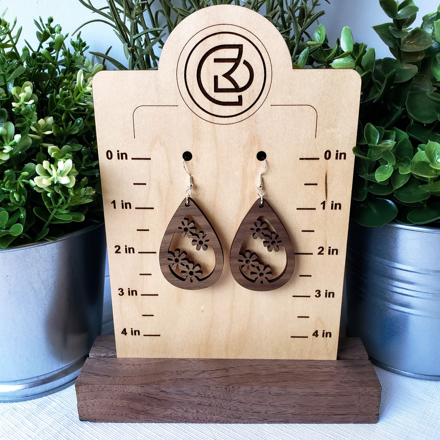 Four Flowers - Teardrop - Wood Earrings