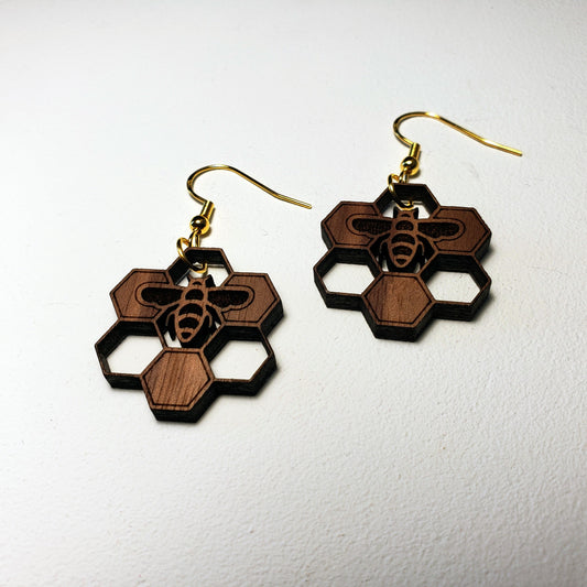 Honeycomb HoneyBee - Wood Earrings
