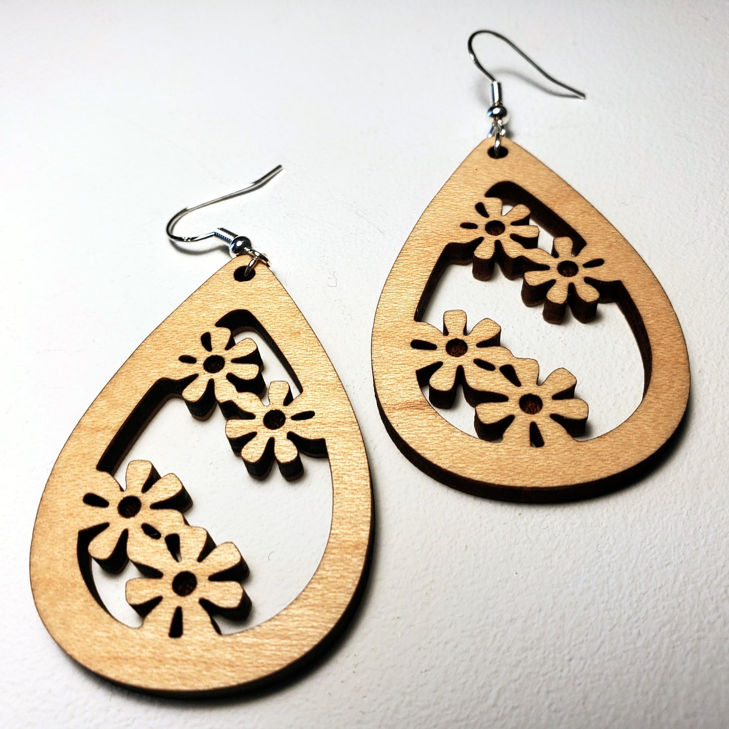 Four Flowers - Teardrop - Wood Earrings