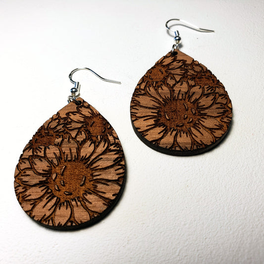 Sunflowers - Teardrop - Wood Earrings