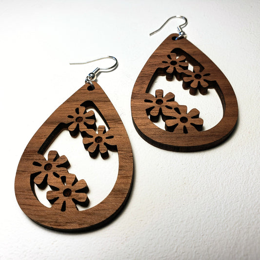 Four Flowers - Teardrop - Wood Earrings